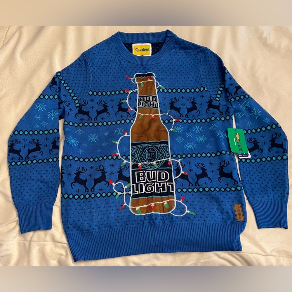 NWT Tipsy Elves Men’s Size Small Blue Bud Light Christmas Sweater - lights up!